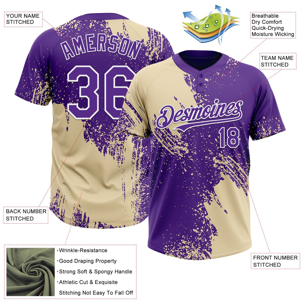 Custom Cream Purple-White 3D Pattern Abstract Brush Stroke Two-Button Unisex Softball Jersey Limited