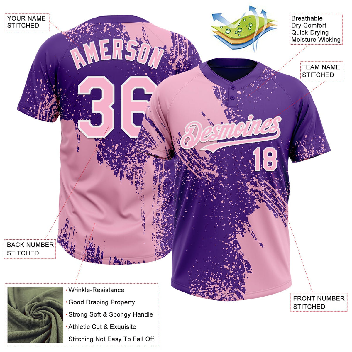 Custom Light Pink Purple-White 3D Pattern Abstract Brush Stroke Two-Button Unisex Softball Jersey Limited