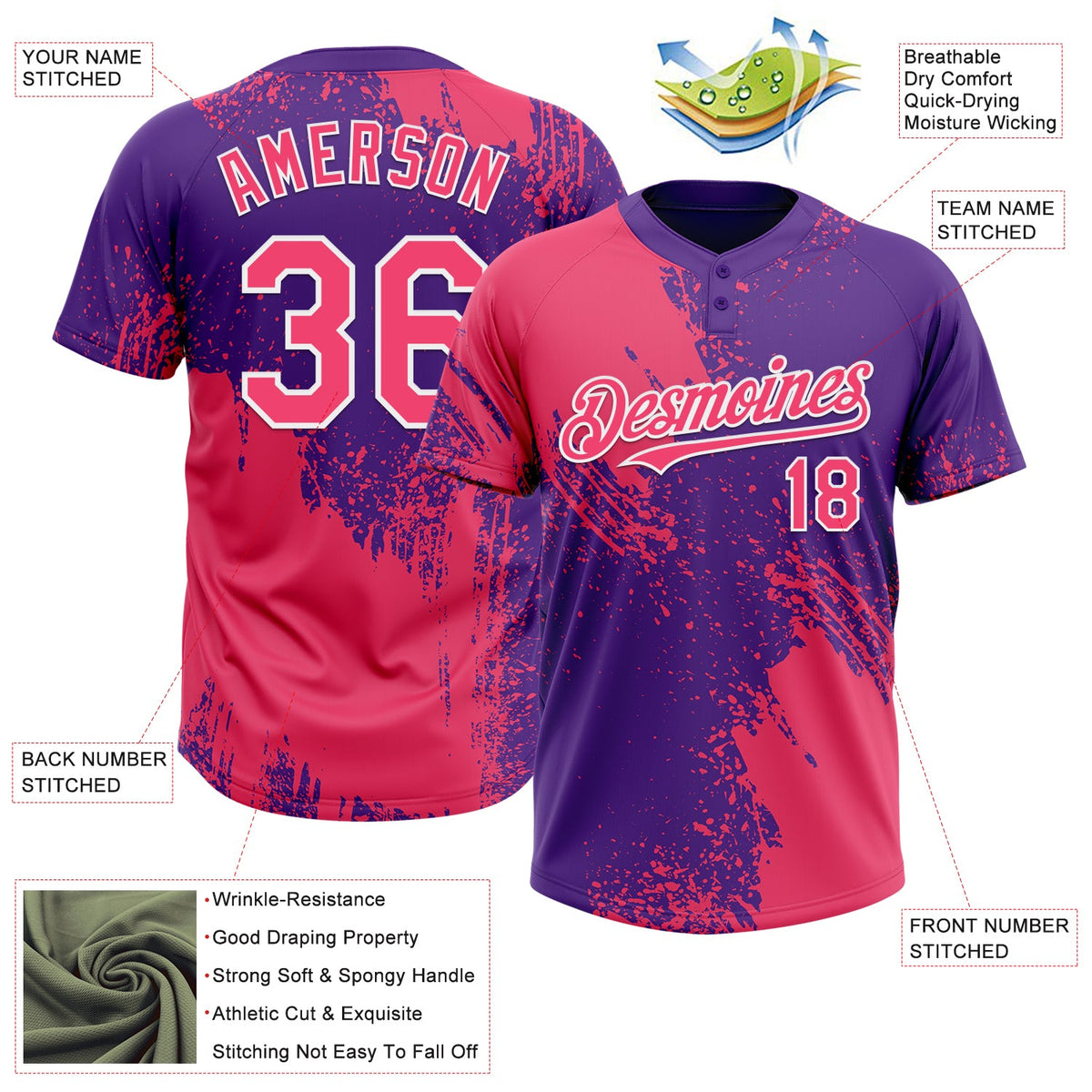 Custom Neon Pink Purple-White 3D Pattern Abstract Brush Stroke Two-Button Unisex Softball Jersey Limited