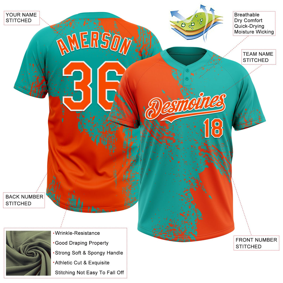 Custom Orange Aqua-White 3D Pattern Abstract Brush Stroke Two-Button Unisex Softball Jersey Limited