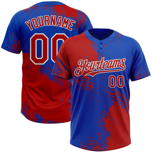 Custom Red Thunder Blue-White 3D Pattern Abstract Brush Stroke Two-Button Unisex Softball Jersey