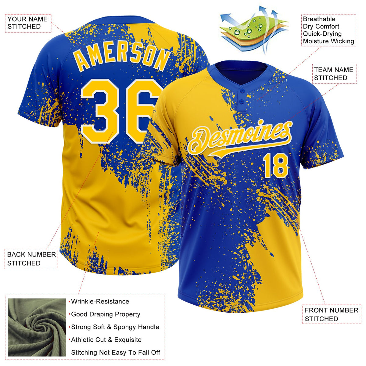 Custom Yellow Thunder Blue-White 3D Pattern Abstract Brush Stroke Two-Button Unisex Softball Jersey Limited