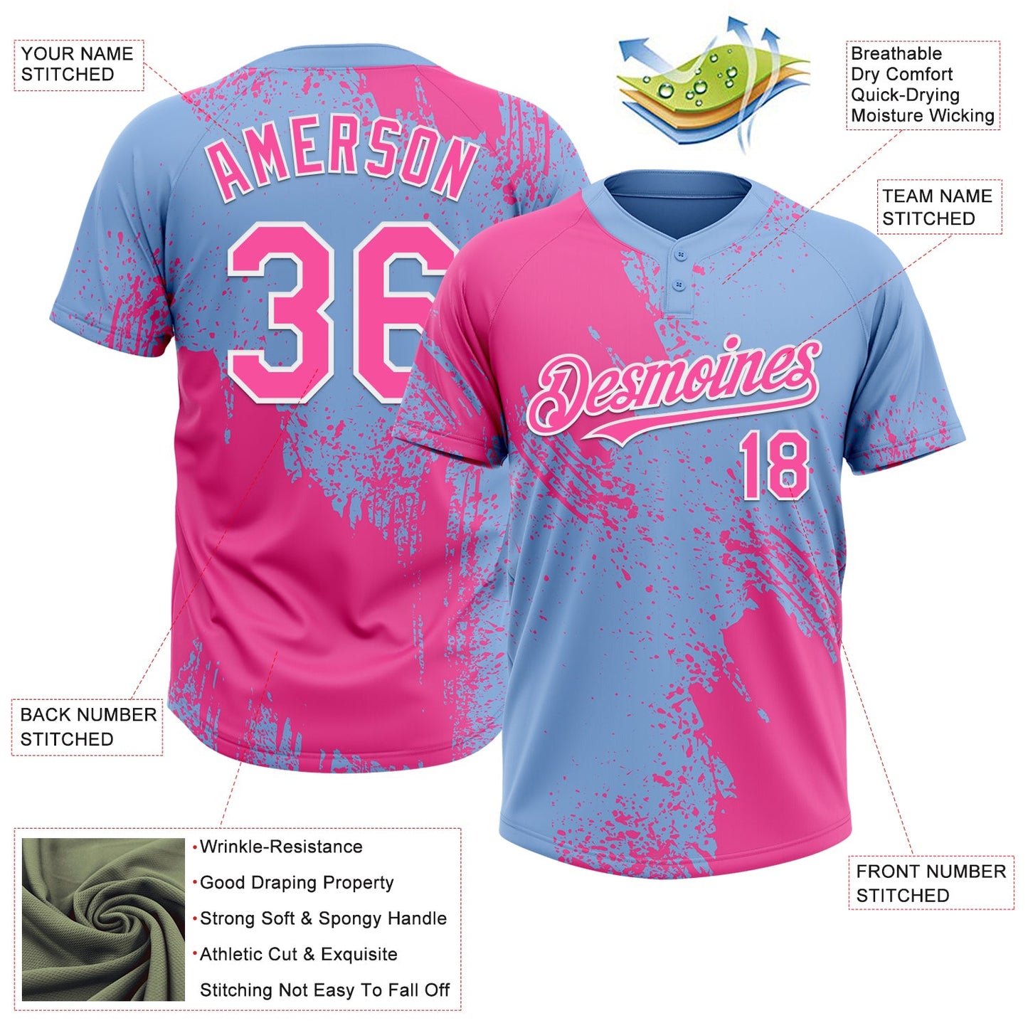 Custom Pink Light Blue-White 3D Pattern Abstract Brush Stroke Two-Button Unisex Softball Jersey Limited