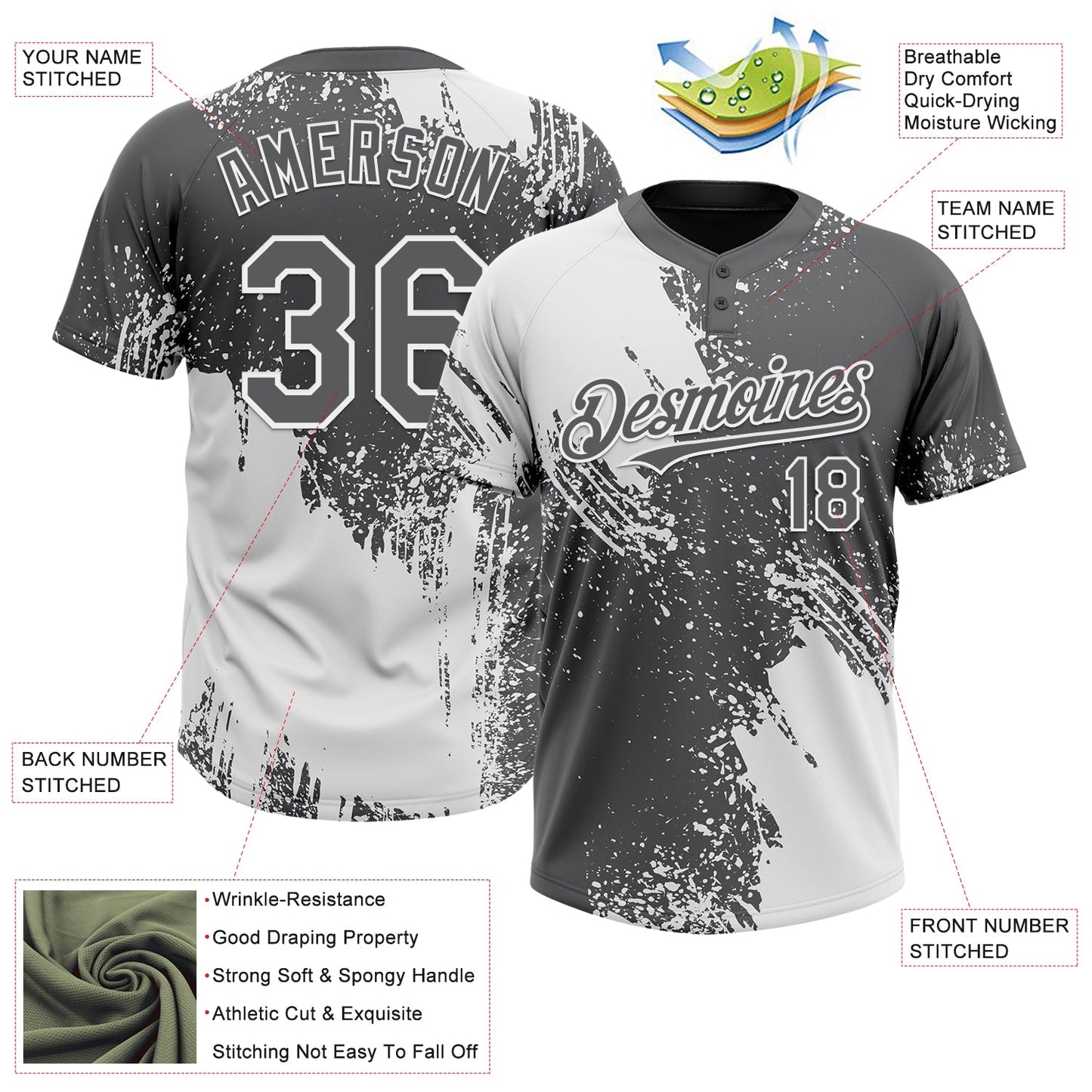 Custom White Steel Gray 3D Pattern Abstract Brush Stroke Two-Button Unisex Softball Jersey Limited