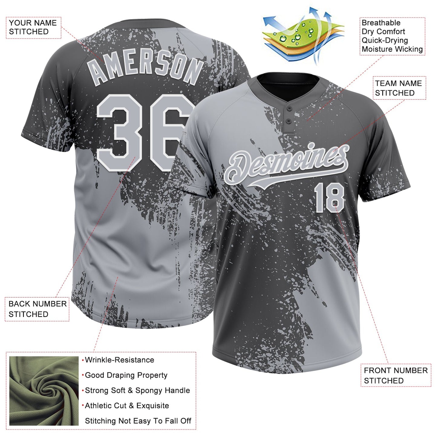 Custom Gray Steel Gray-White 3D Pattern Abstract Brush Stroke Two-Button Unisex Softball Jersey Limited