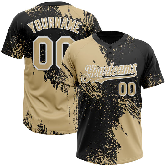 Custom Vegas Gold Black-White 3D Pattern Abstract Brush Stroke Two-Button Unisex Softball Jersey