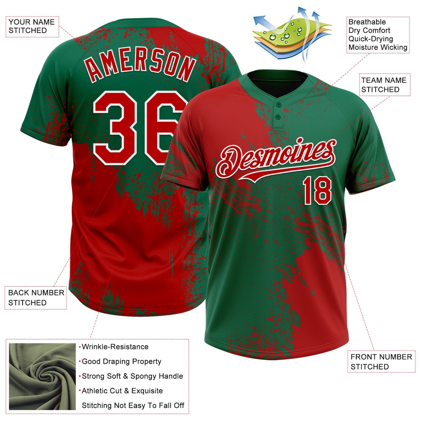 Custom Red Kelly Green-White 3D Pattern Abstract Brush Stroke Two-Button Unisex Softball Jersey Limited