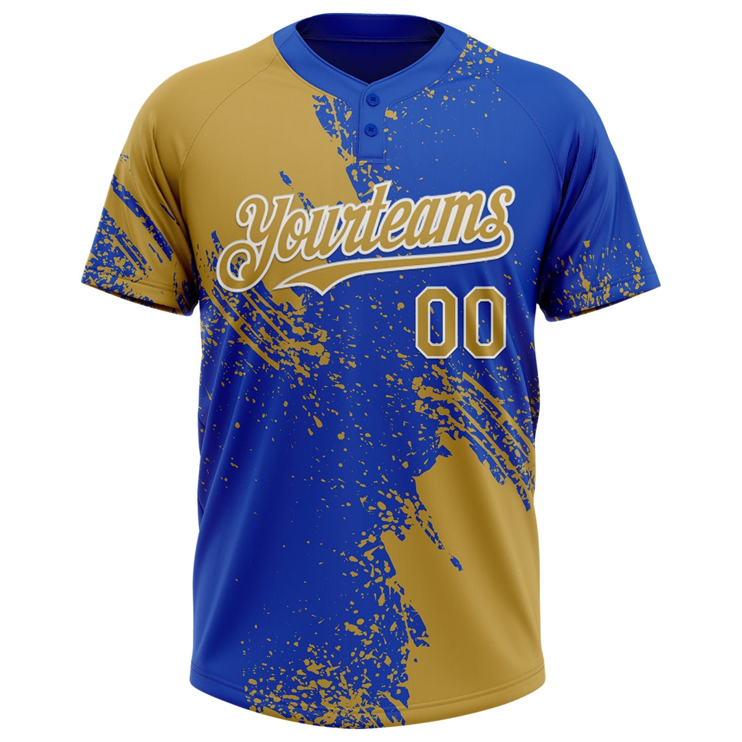 Custom Old Gold Thunder Blue-White 3D Pattern Abstract Brush Stroke Two-Button Unisex Softball Jersey Limited