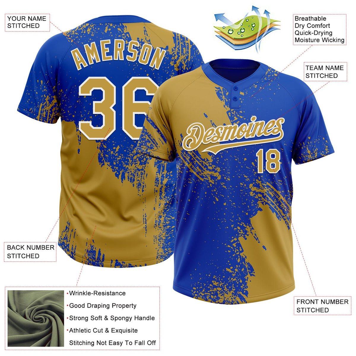 Custom Old Gold Thunder Blue-White 3D Pattern Abstract Brush Stroke Two-Button Unisex Softball Jersey Limited