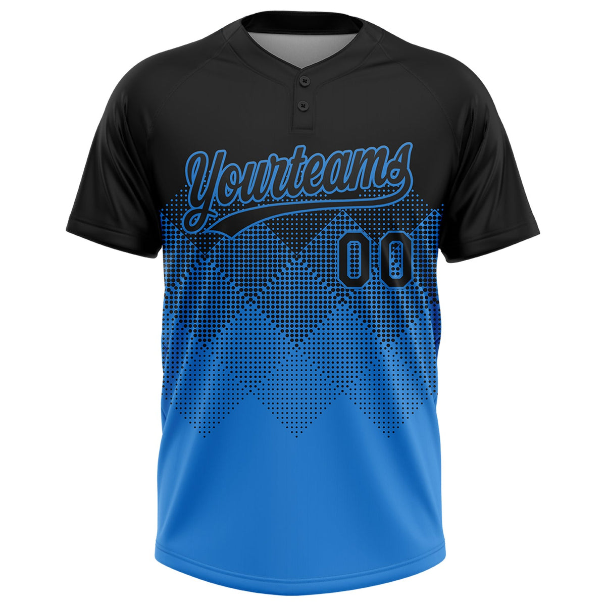 Custom Black Electric Blue 3D Gradient Square Shape Two-Button Unisex Softball Jersey Limited