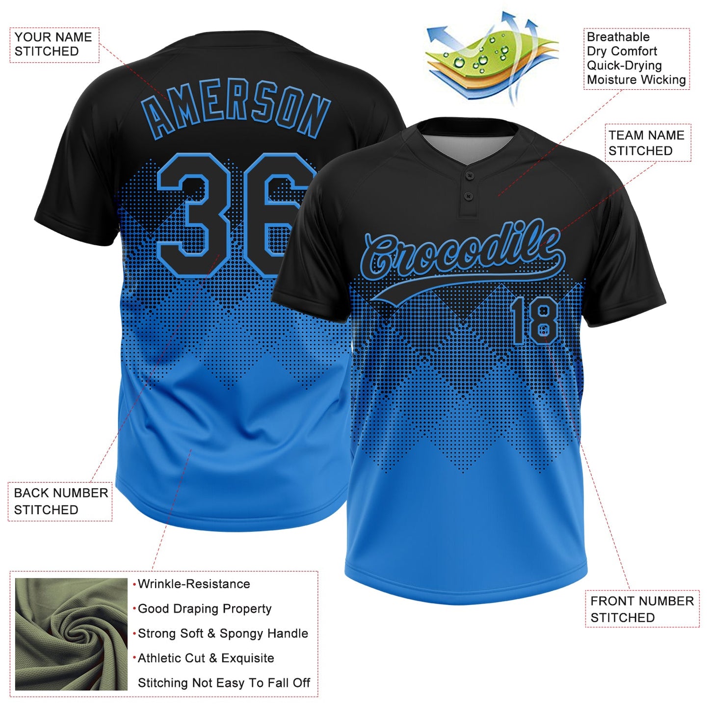 Custom Black Electric Blue 3D Gradient Square Shape Two-Button Unisex Softball Jersey Limited