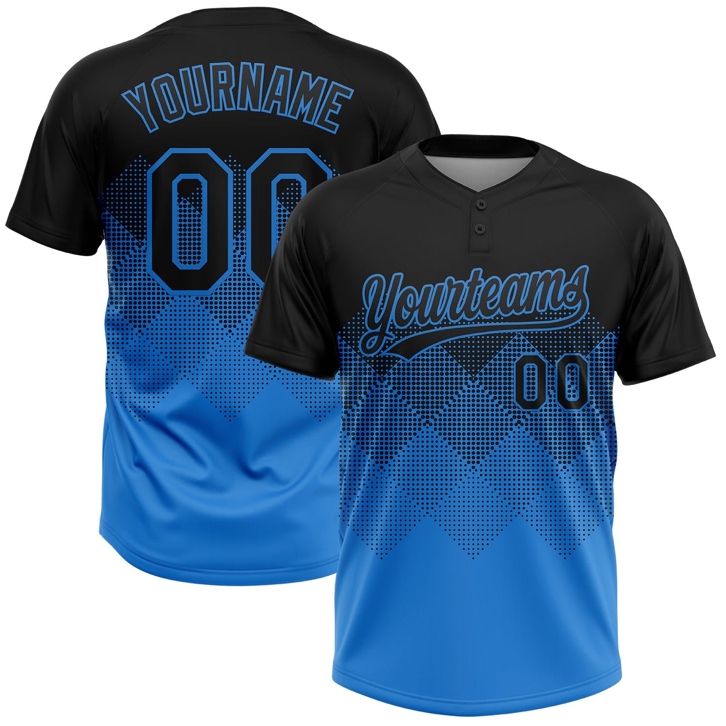 Custom Black Electric Blue 3D Gradient Square Shape Two-Button Unisex Softball Jersey