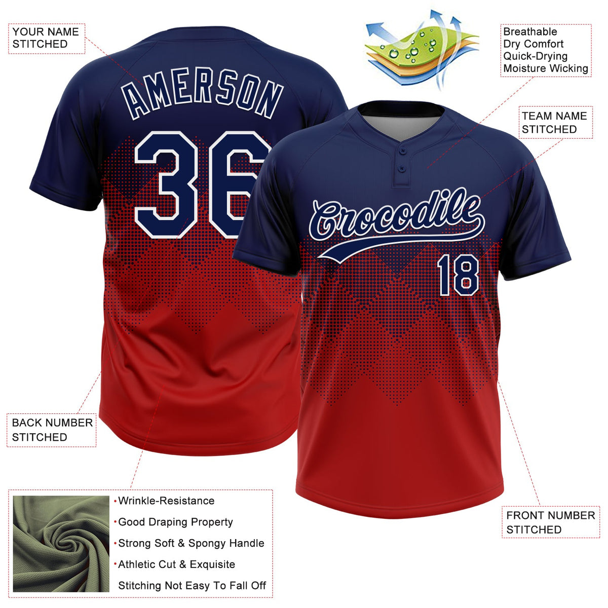 Custom Navy Red-White 3D Gradient Square Shape Two-Button Unisex Softball Jersey Limited