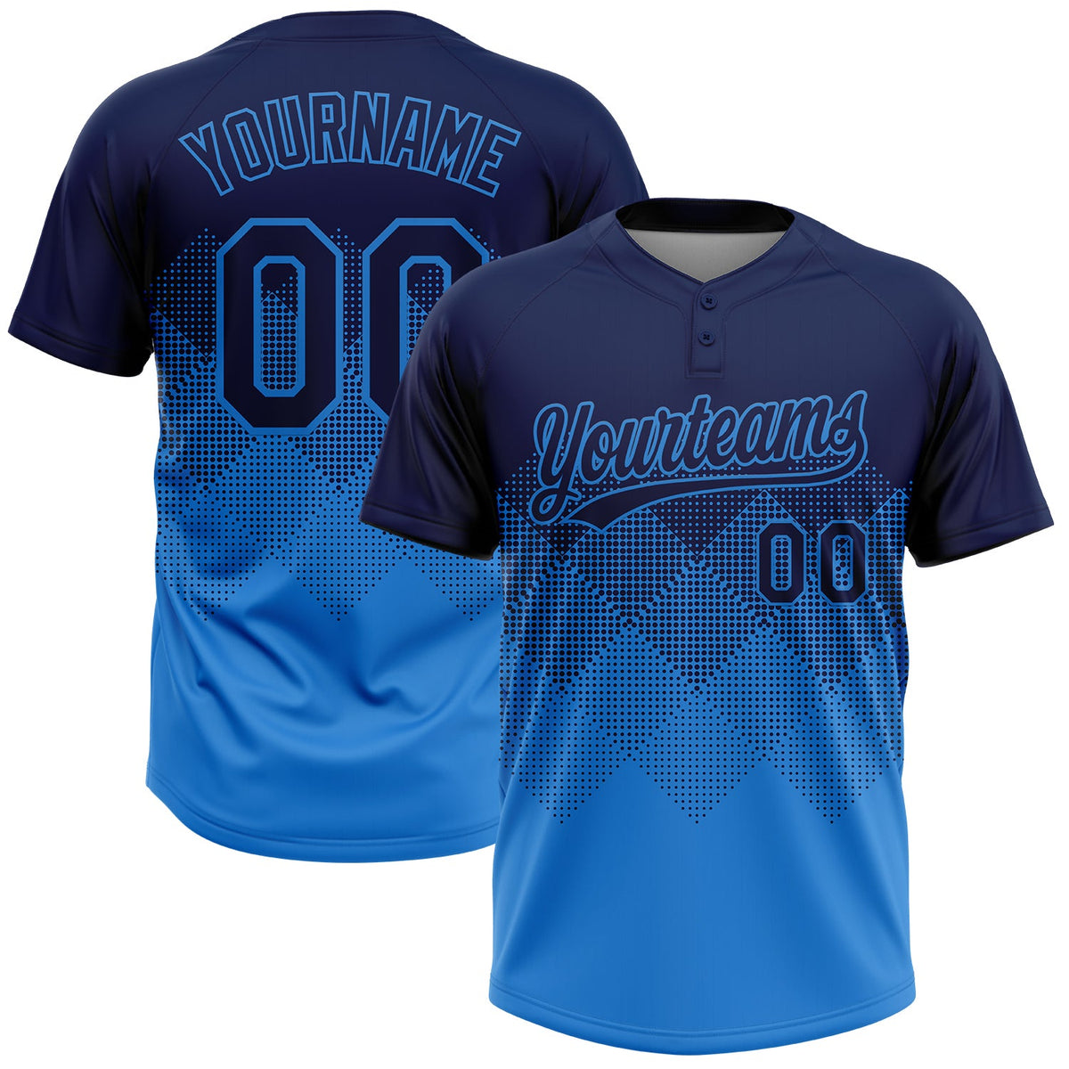 Custom Navy Electric Blue 3D Gradient Square Shape Two-Button Unisex Softball Jersey