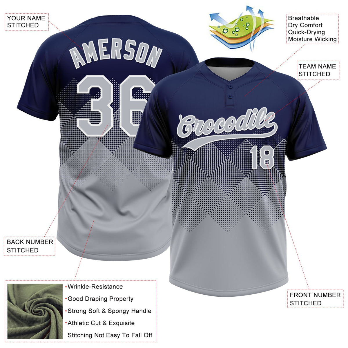 Custom Navy Gray-White 3D Gradient Square Shape Two-Button Unisex Softball Jersey Limited