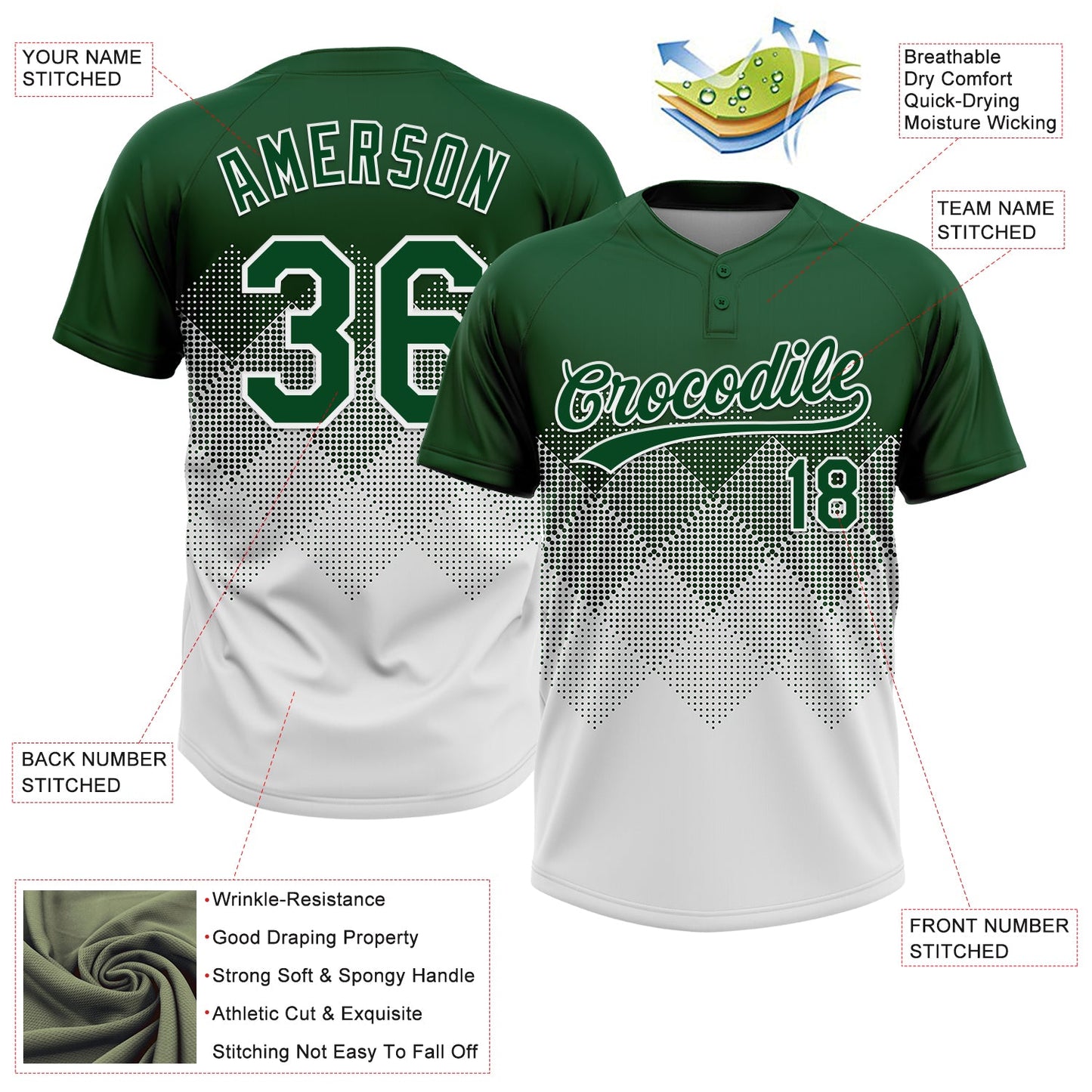 Custom Green White 3D Gradient Square Shape Two-Button Unisex Softball Jersey Limited