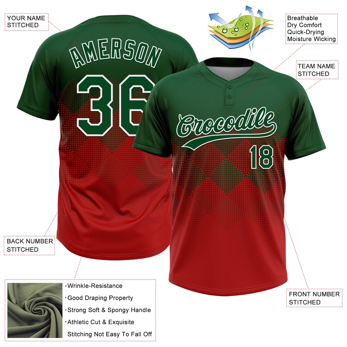 Custom Green Red-White 3D Gradient Square Shape Two-Button Unisex Softball Jersey Limited