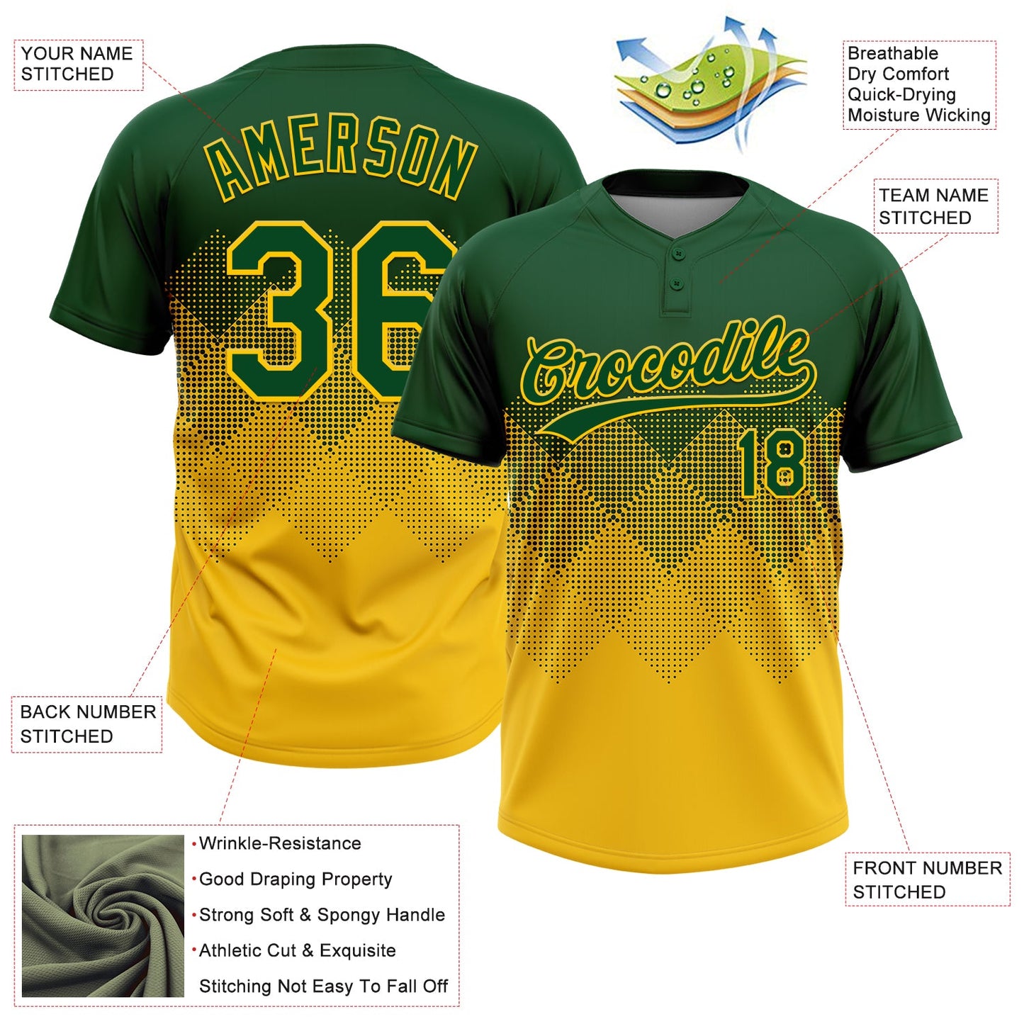 Custom Green Yellow 3D Gradient Square Shape Two-Button Unisex Softball Jersey Limited