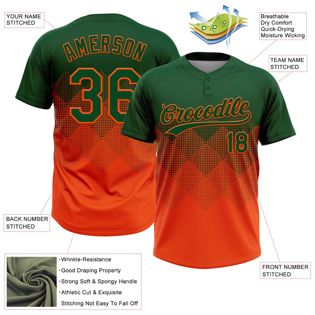 Custom Green Orange 3D Gradient Square Shape Two-Button Unisex Softball Jersey Limited