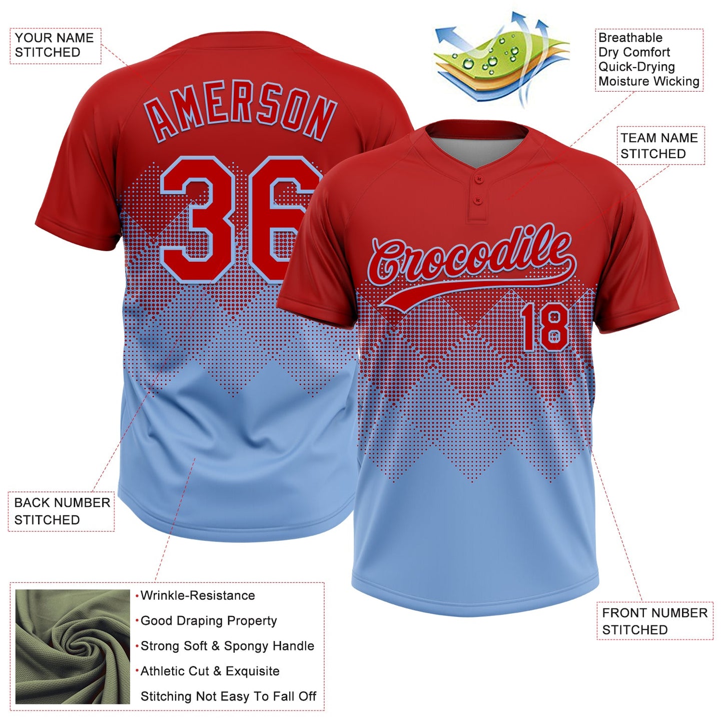 Custom Red Light Blue 3D Gradient Square Shape Two-Button Unisex Softball Jersey Limited