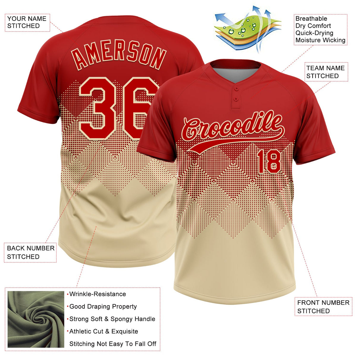 Custom Red Cream 3D Gradient Square Shape Two-Button Unisex Softball Jersey Limited