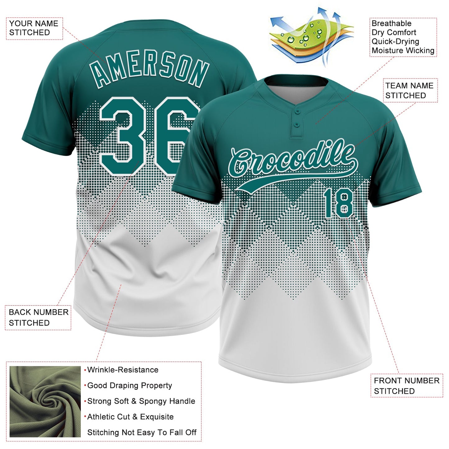 Custom Teal White 3D Gradient Square Shape Two-Button Unisex Softball Jersey Limited