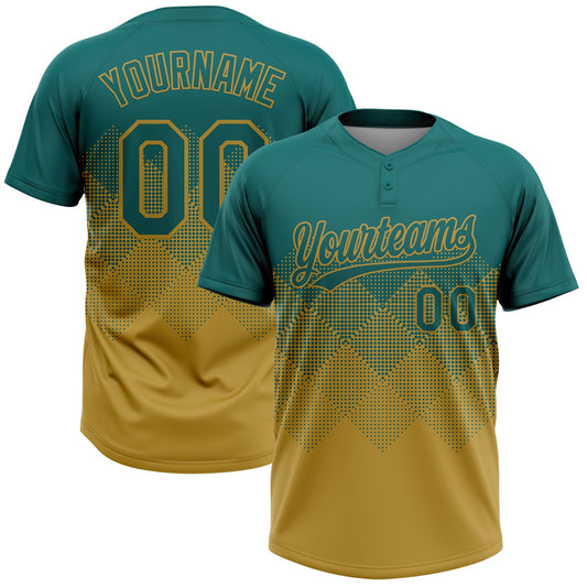 Custom Teal Old Gold 3D Gradient Square Shape Two-Button Unisex Softball Jersey