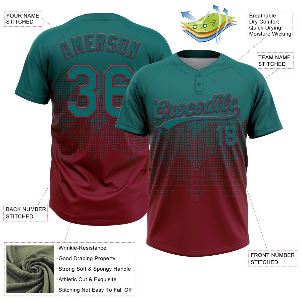 Custom Teal Crimson 3D Gradient Square Shape Two-Button Unisex Softball Jersey Limited