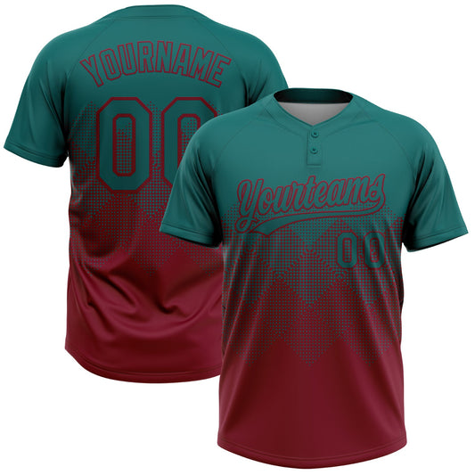 Custom Teal Crimson 3D Gradient Square Shape Two-Button Unisex Softball Jersey