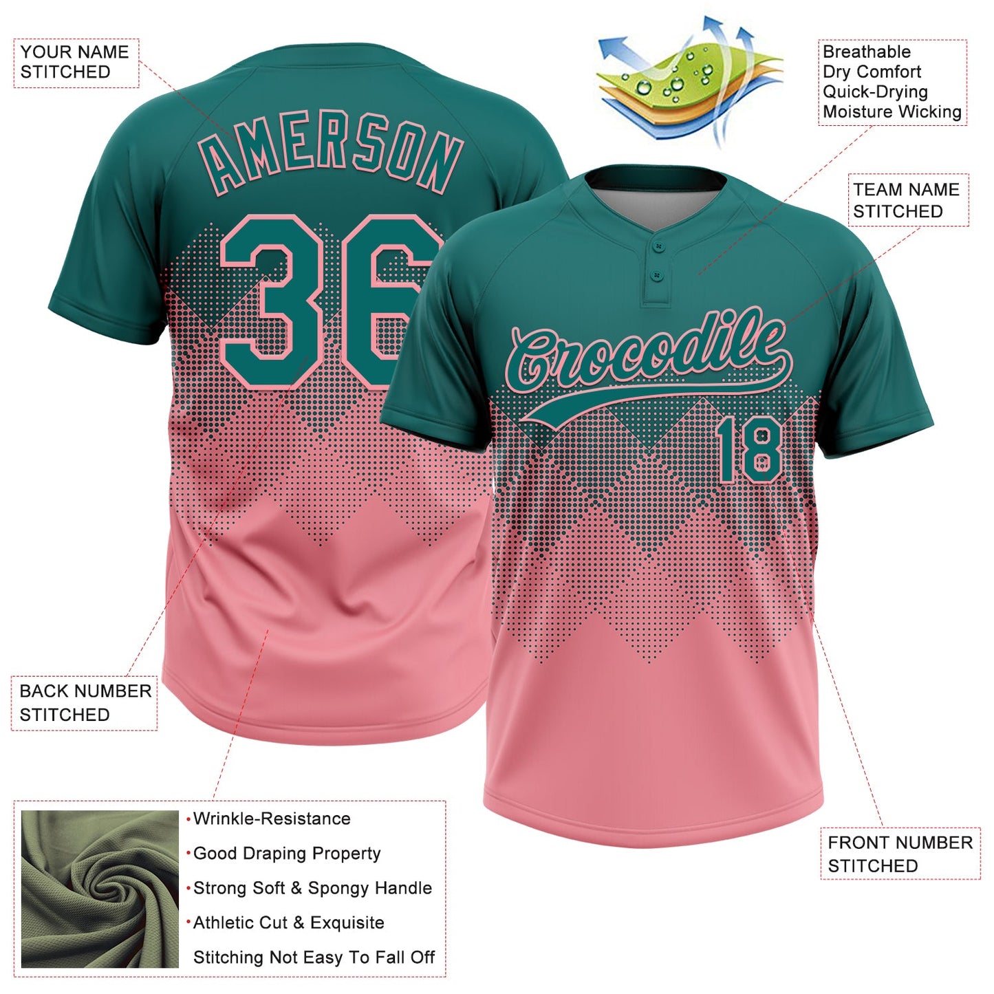 Custom Teal Medium Pink 3D Gradient Square Shape Two-Button Unisex Softball Jersey Limited