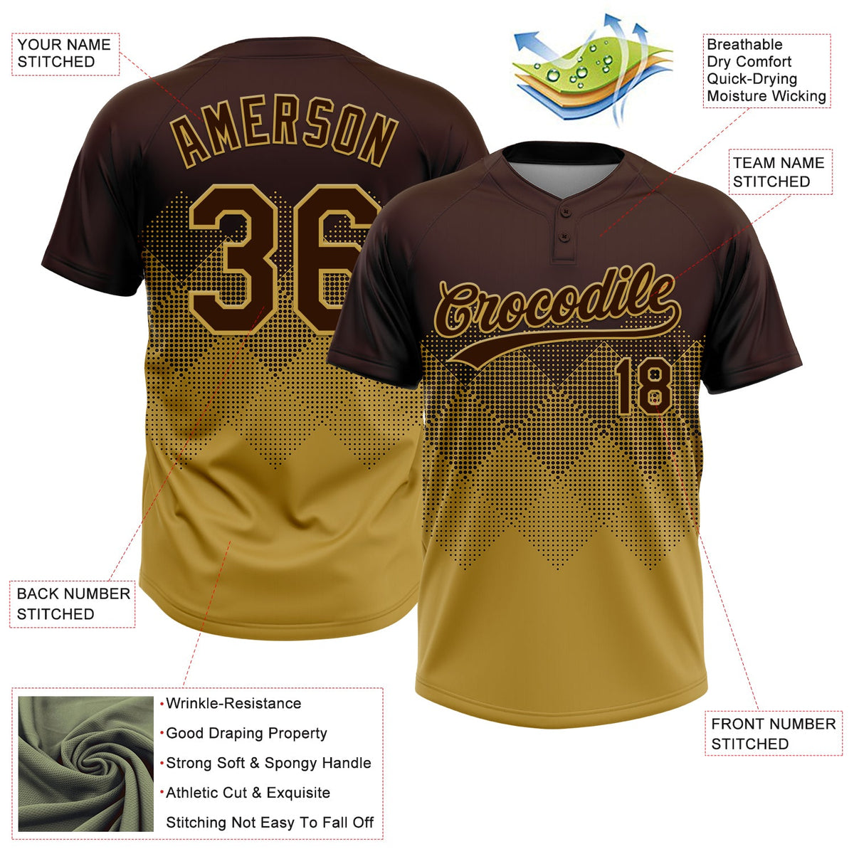 Custom Brown Old Gold 3D Gradient Square Shape Two-Button Unisex Softball Jersey Limited