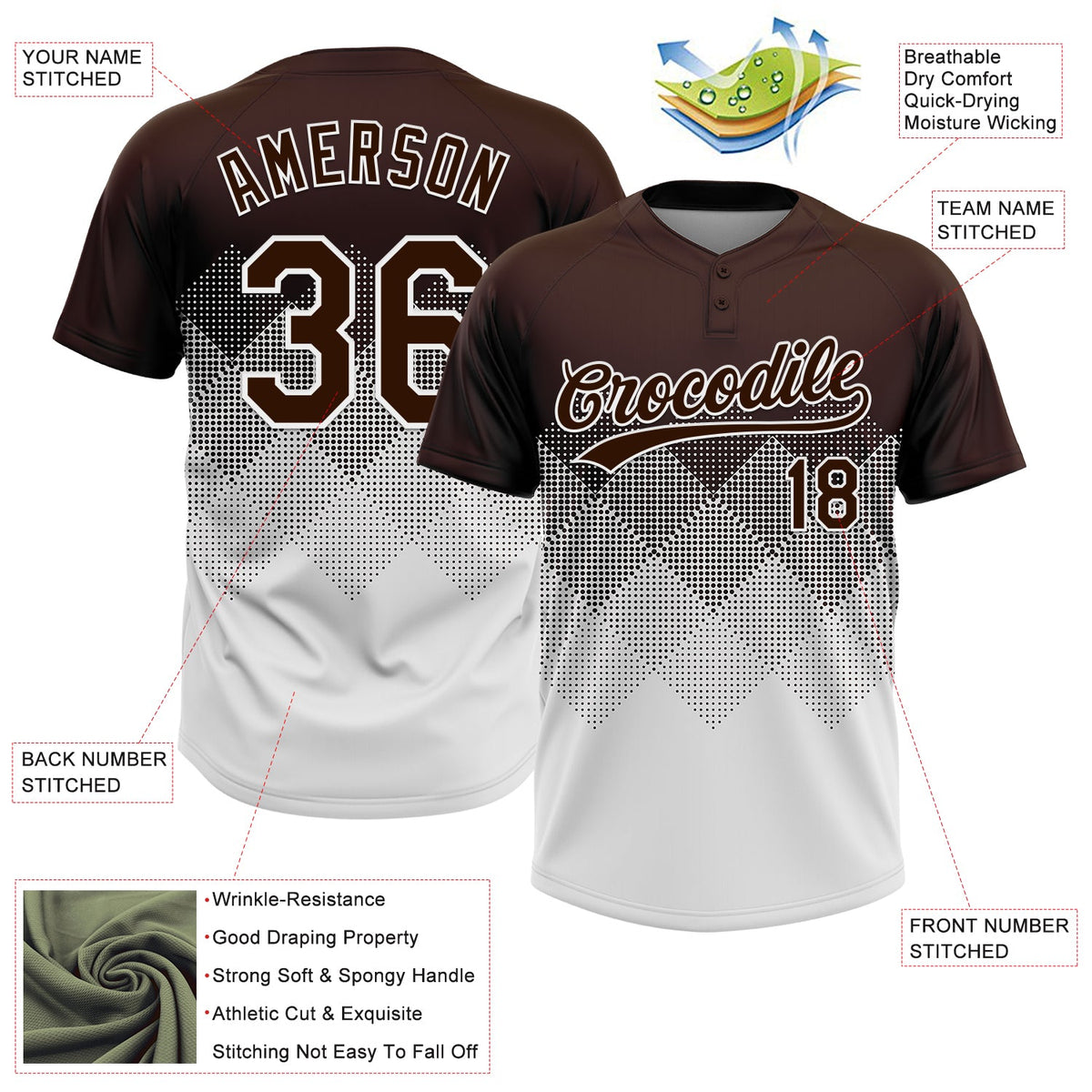 Custom Brown White 3D Gradient Square Shape Two-Button Unisex Softball Jersey Limited