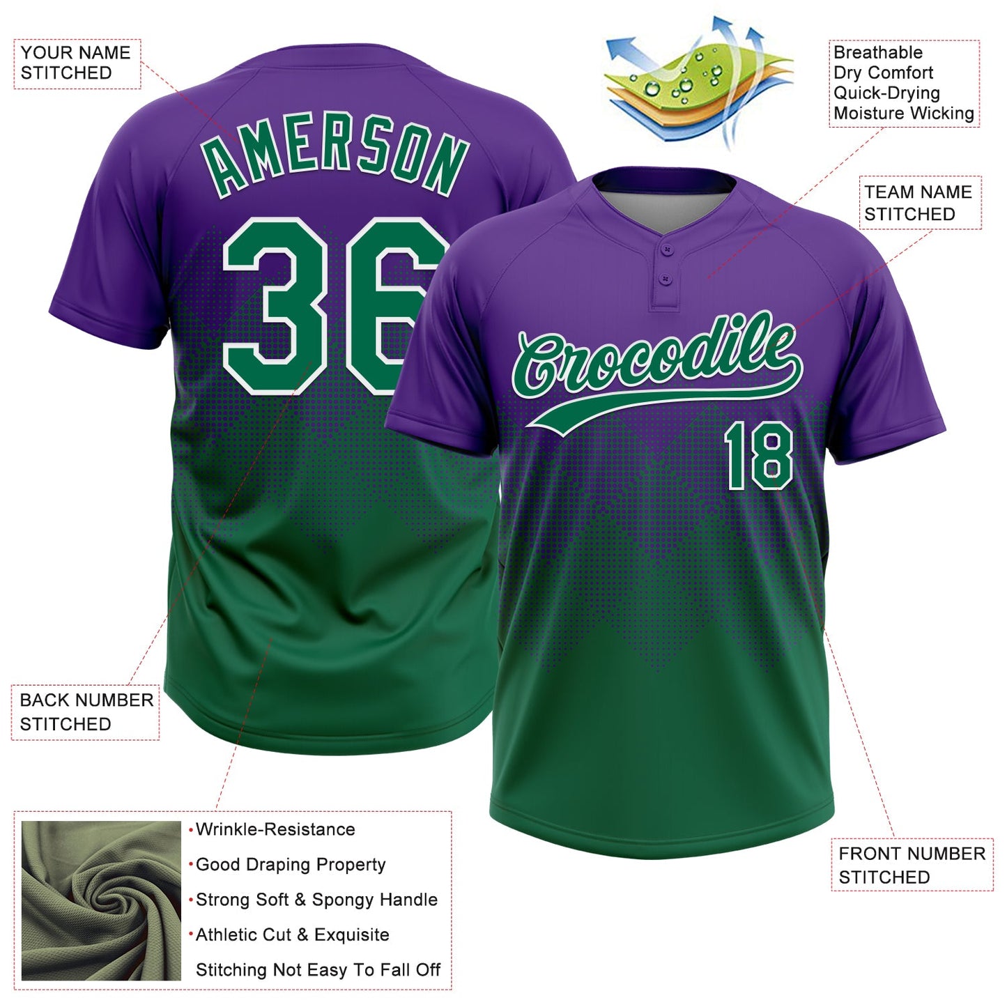 Custom Purple Kelly Green-White 3D Gradient Square Shape Two-Button Unisex Softball Jersey Limited