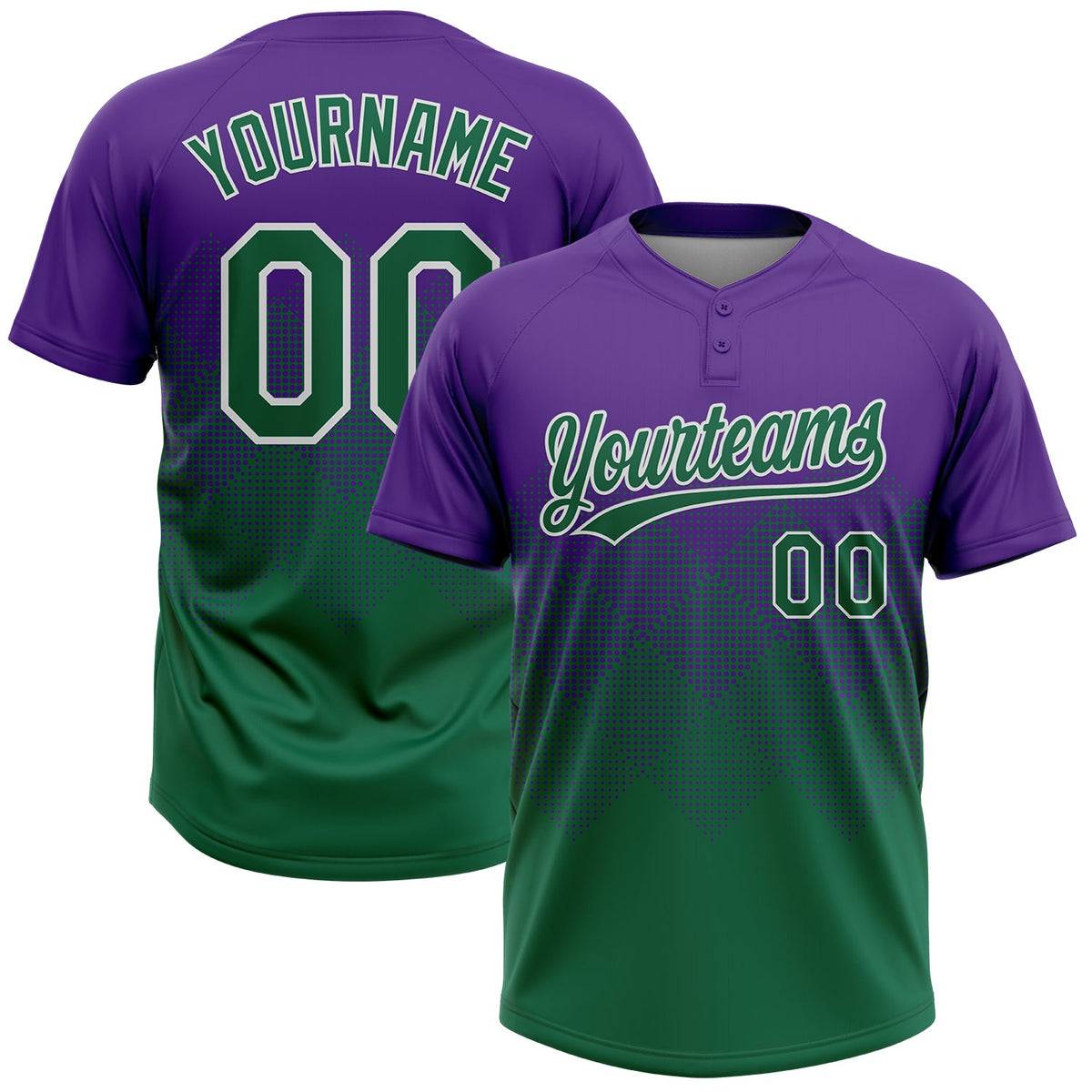 Custom Purple Kelly Green-White 3D Gradient Square Shape Two-Button Unisex Softball Jersey