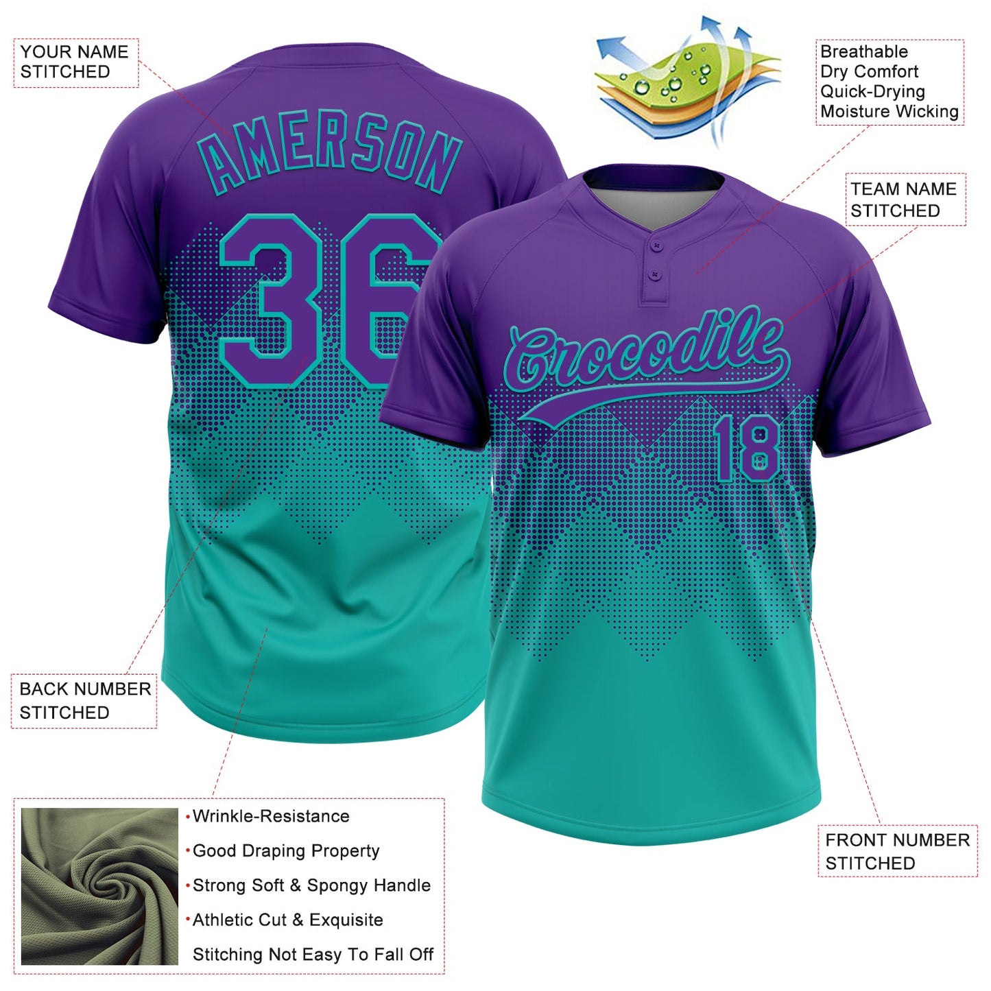 Custom Purple Aqua 3D Gradient Square Shape Two-Button Unisex Softball Jersey Limited