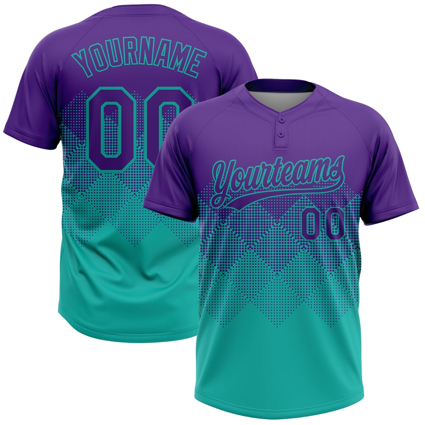 Custom Purple Aqua 3D Gradient Square Shape Two-Button Unisex Softball Jersey
