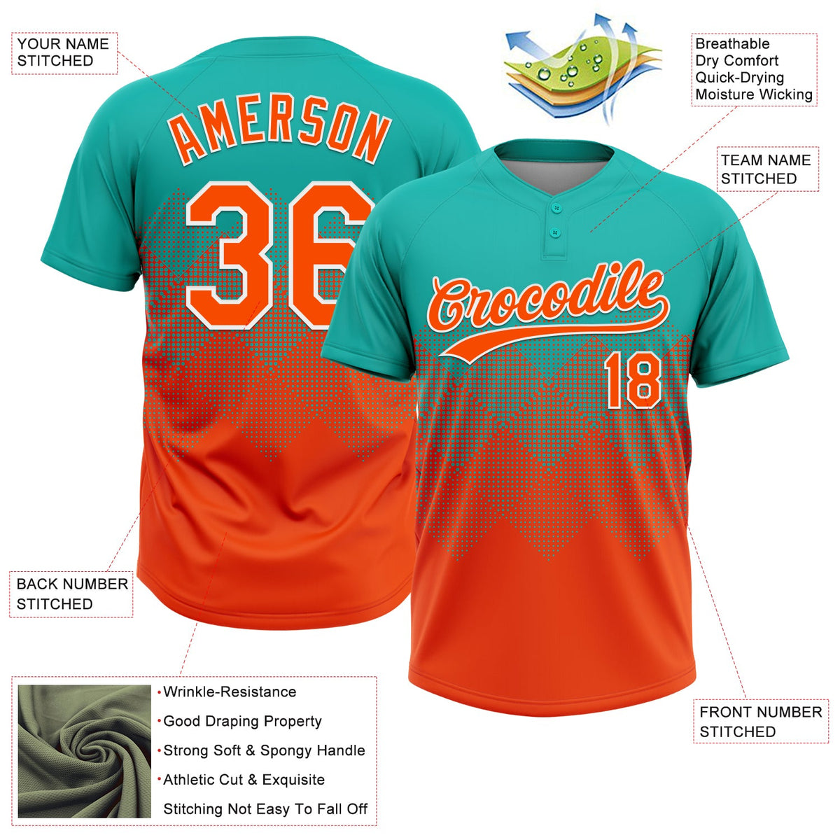 Custom Aqua Orange-White 3D Gradient Square Shape Two-Button Unisex Softball Jersey Limited