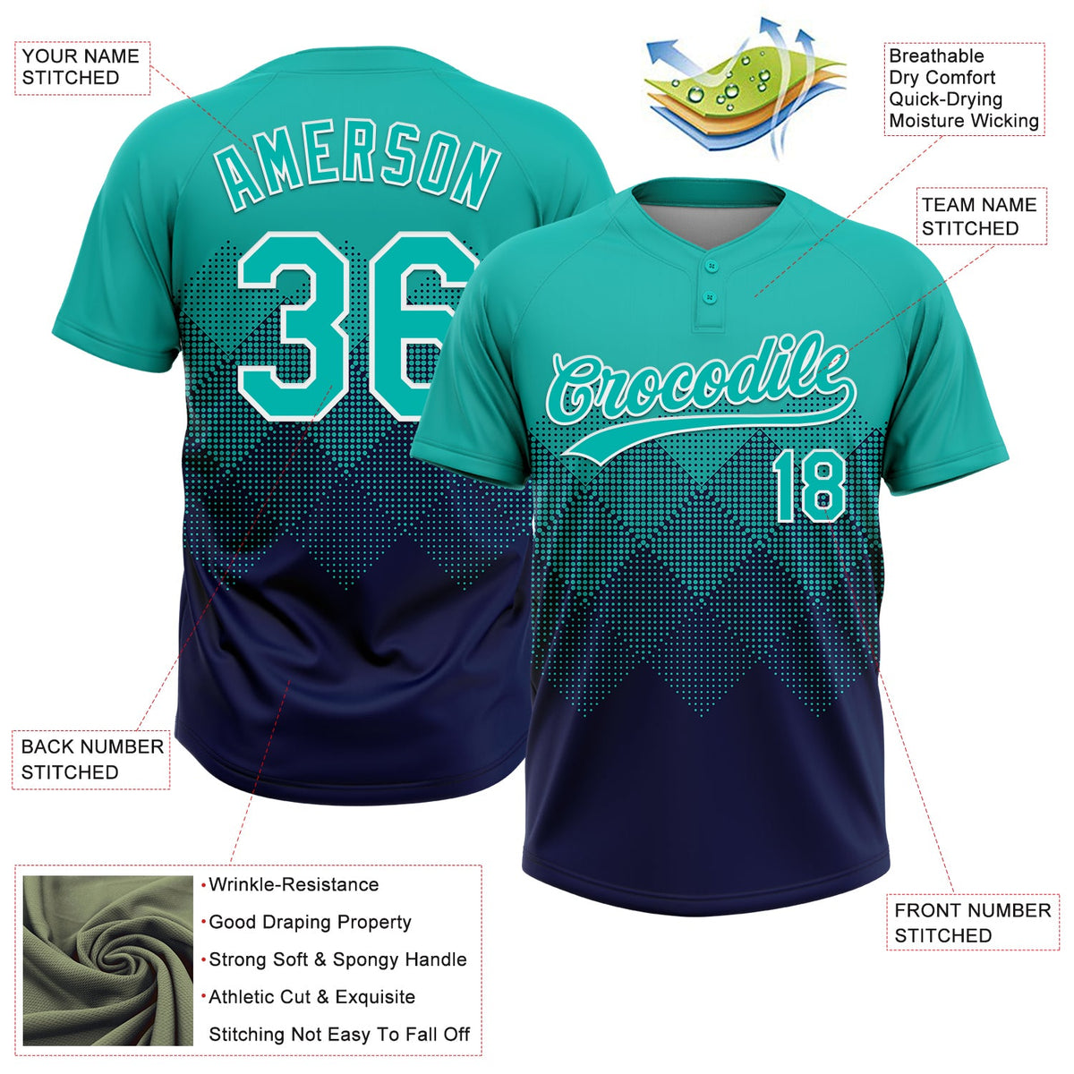 Custom Aqua Navy-White 3D Gradient Square Shape Two-Button Unisex Softball Jersey Limited