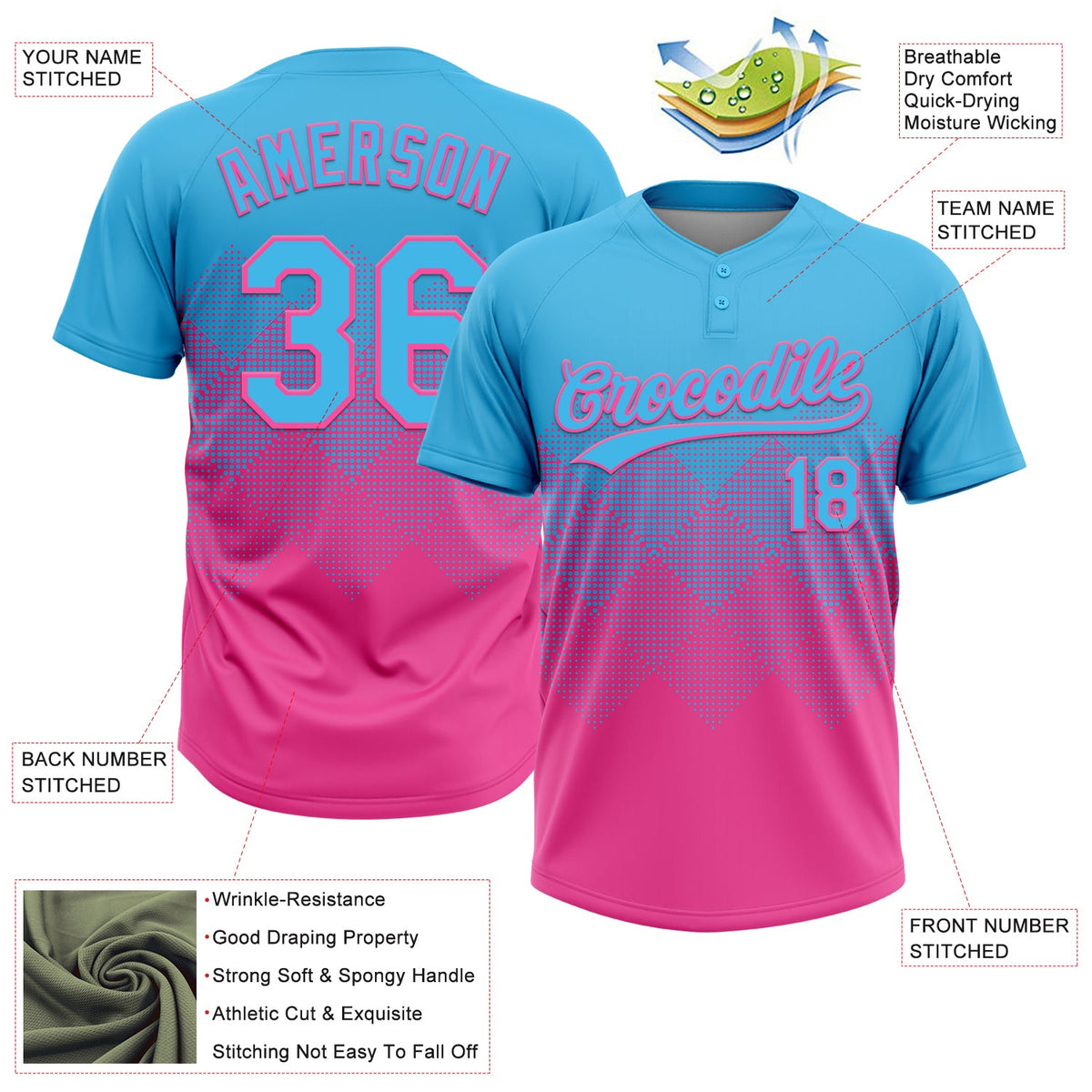 Custom Sky Blue Pink 3D Gradient Square Shape Two-Button Unisex Softball Jersey Limited