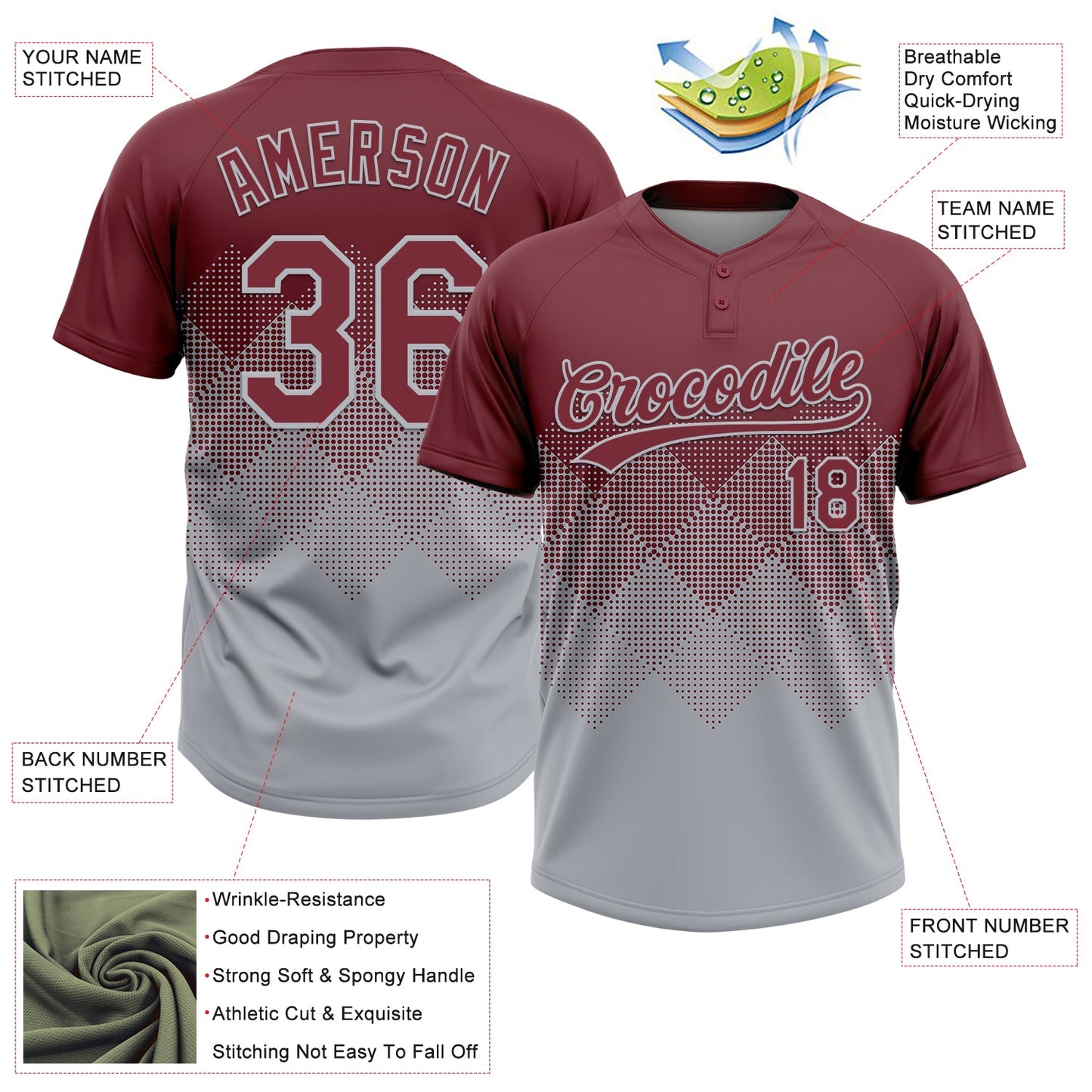 Custom Burgundy Gray 3D Gradient Square Shape Two-Button Unisex Softball Jersey Limited