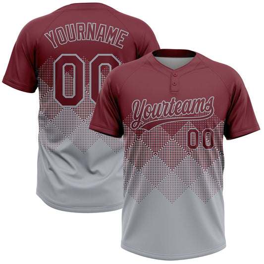 Custom Burgundy Gray 3D Gradient Square Shape Two-Button Unisex Softball Jersey