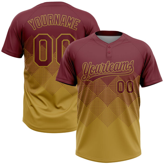Custom Burgundy Old Gold 3D Gradient Square Shape Two-Button Unisex Softball Jersey