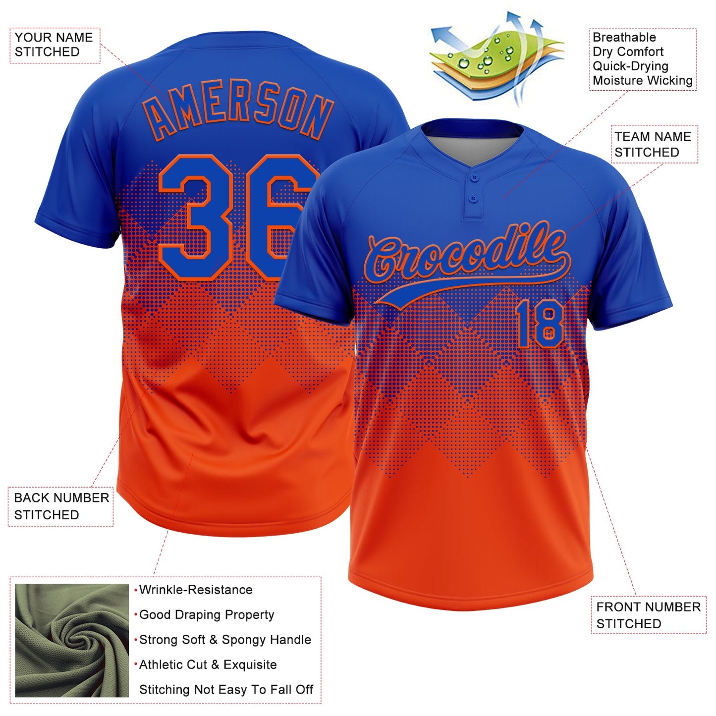 Custom Thunder Blue Orange 3D Gradient Square Shape Two-Button Unisex Softball Jersey Limited