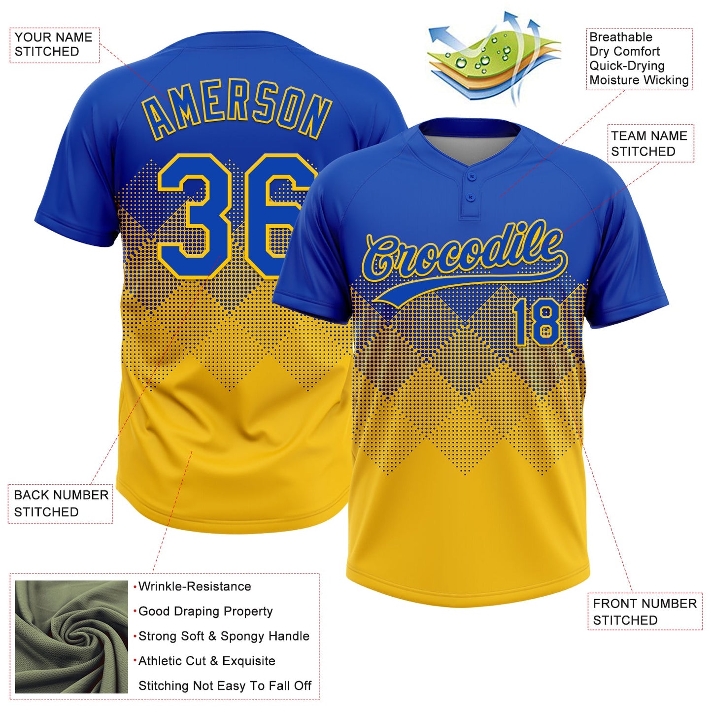 Custom Thunder Blue Yellow 3D Gradient Square Shape Two-Button Unisex Softball Jersey Limited