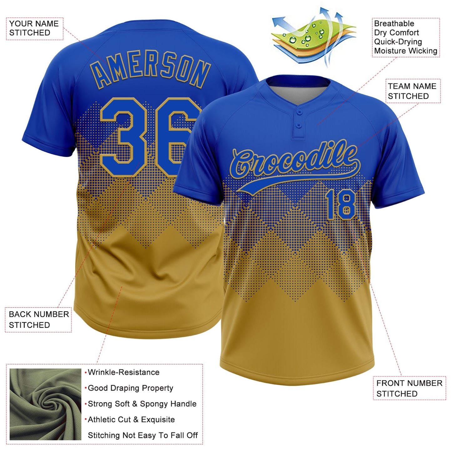 Custom Thunder Blue Old Gold 3D Gradient Square Shape Two-Button Unisex Softball Jersey Limited