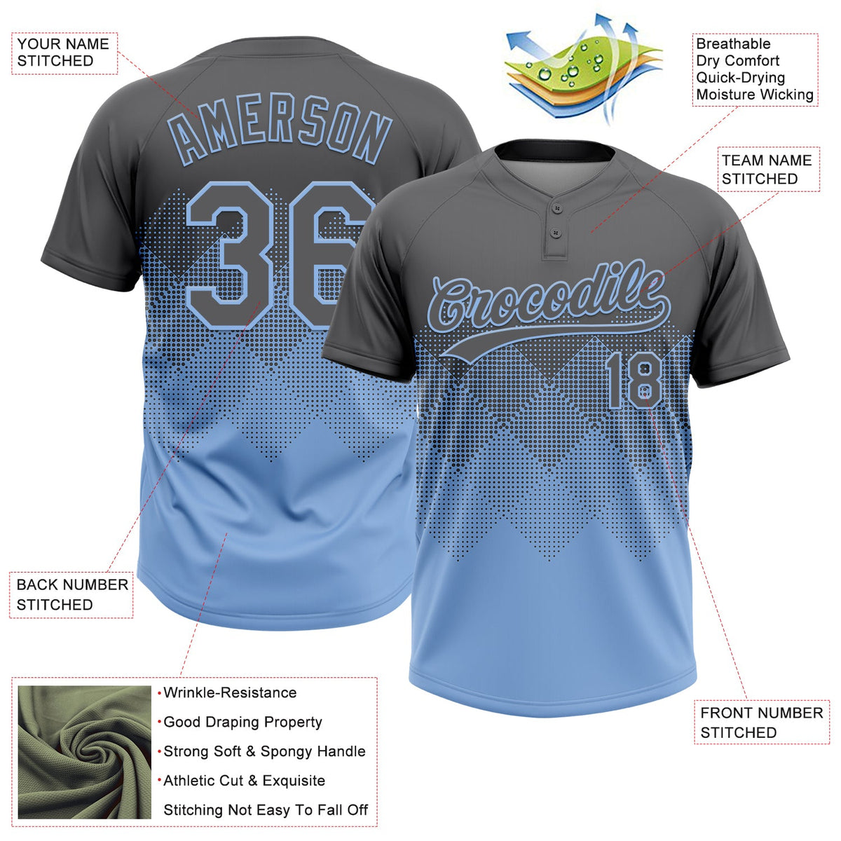 Custom Steel Gray Light Blue 3D Gradient Square Shape Two-Button Unisex Softball Jersey Limited
