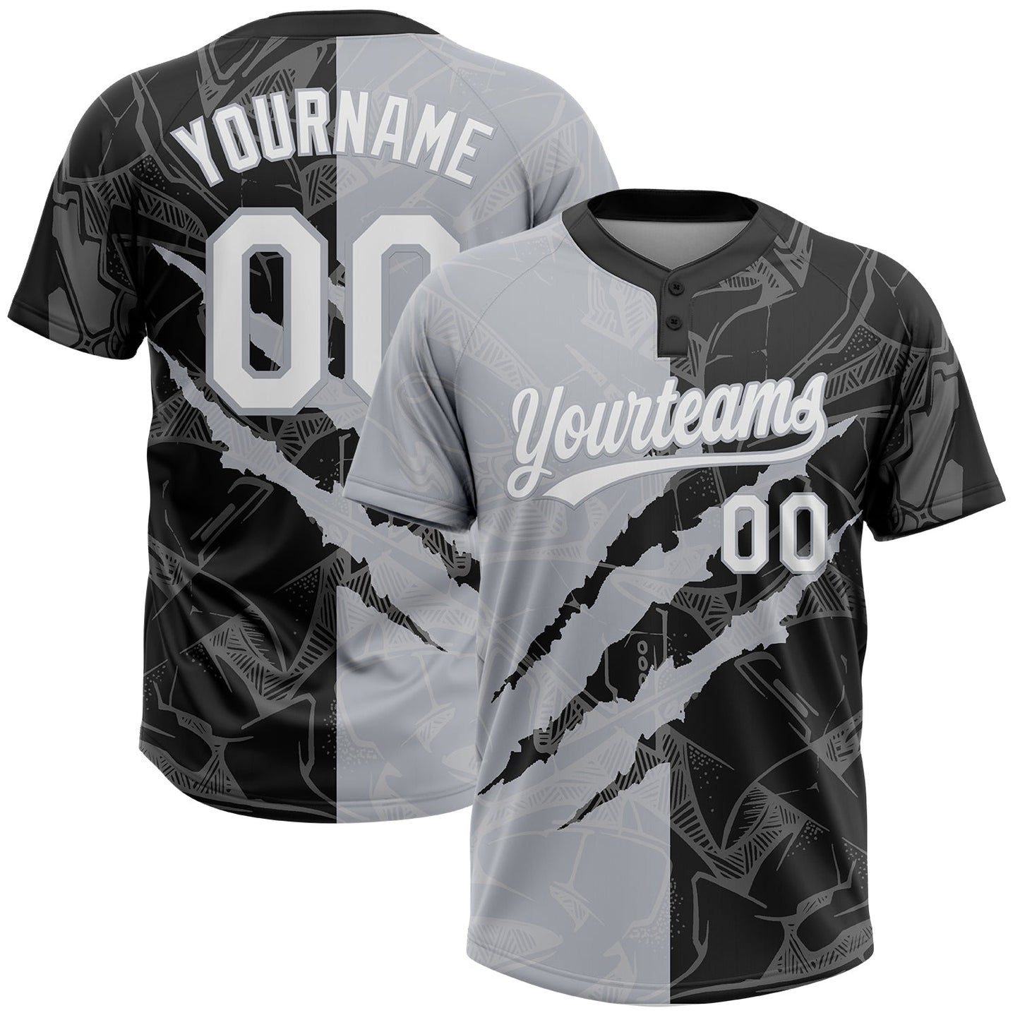 Custom Graffiti Pattern White Black-Gray 3D Scratch Two-Button Unisex Softball Jersey