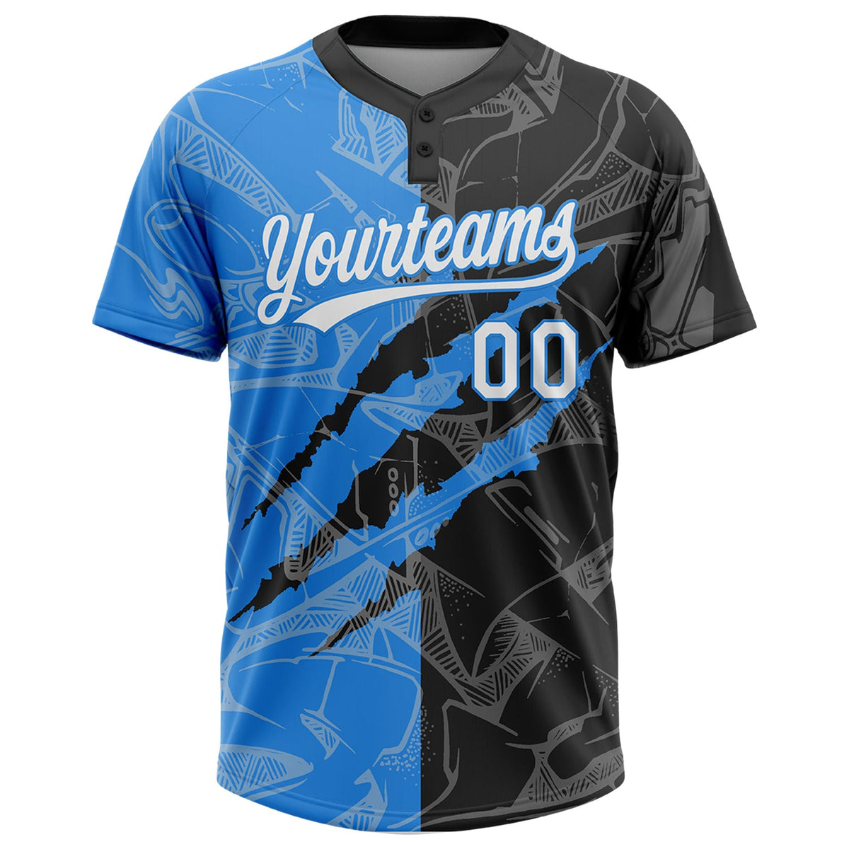 Custom Graffiti Pattern White Black-Electric Blue 3D Scratch Two-Button Unisex Softball Jersey Limited