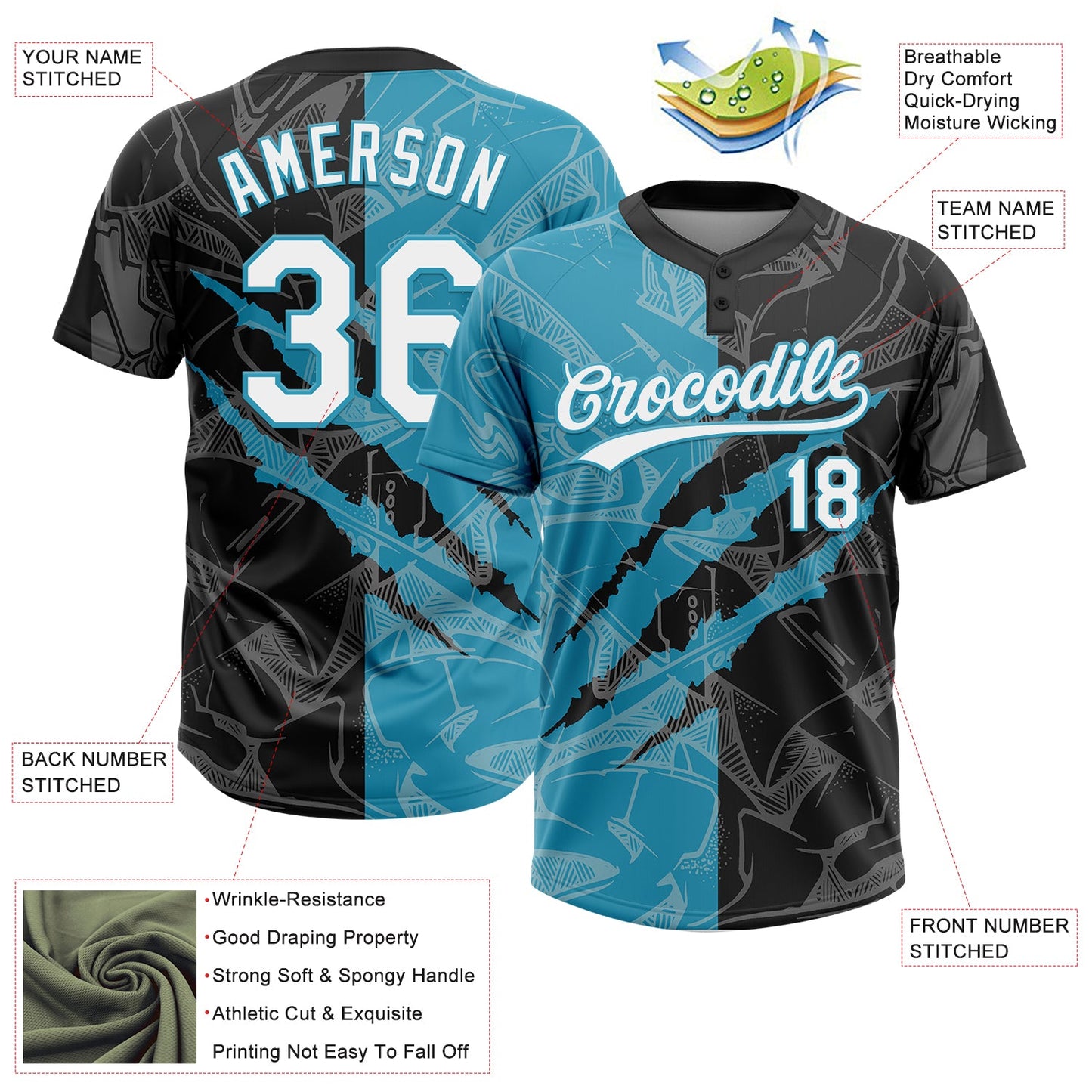 Custom Graffiti Pattern White Black-Panther Blue 3D Scratch Two-Button Unisex Softball Jersey Limited