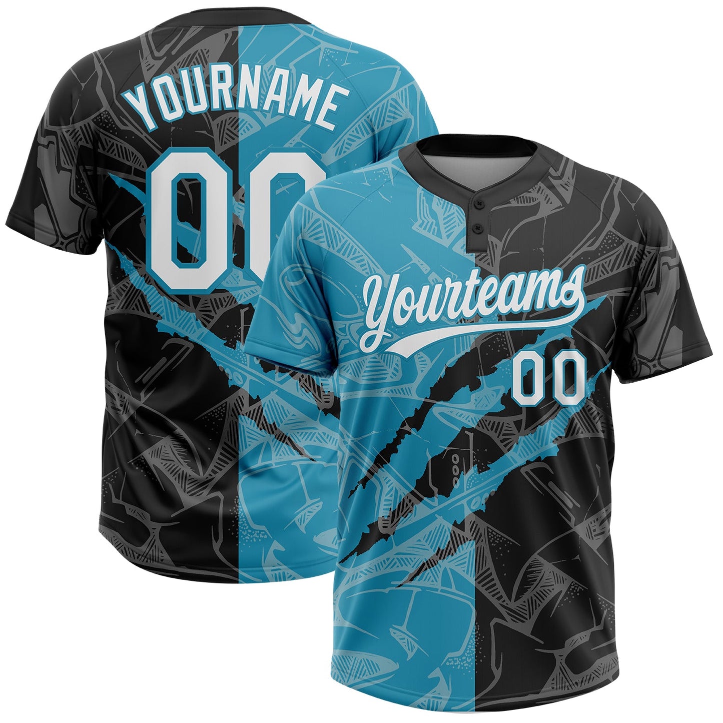 Custom Graffiti Pattern White Black-Panther Blue 3D Scratch Two-Button Unisex Softball Jersey
